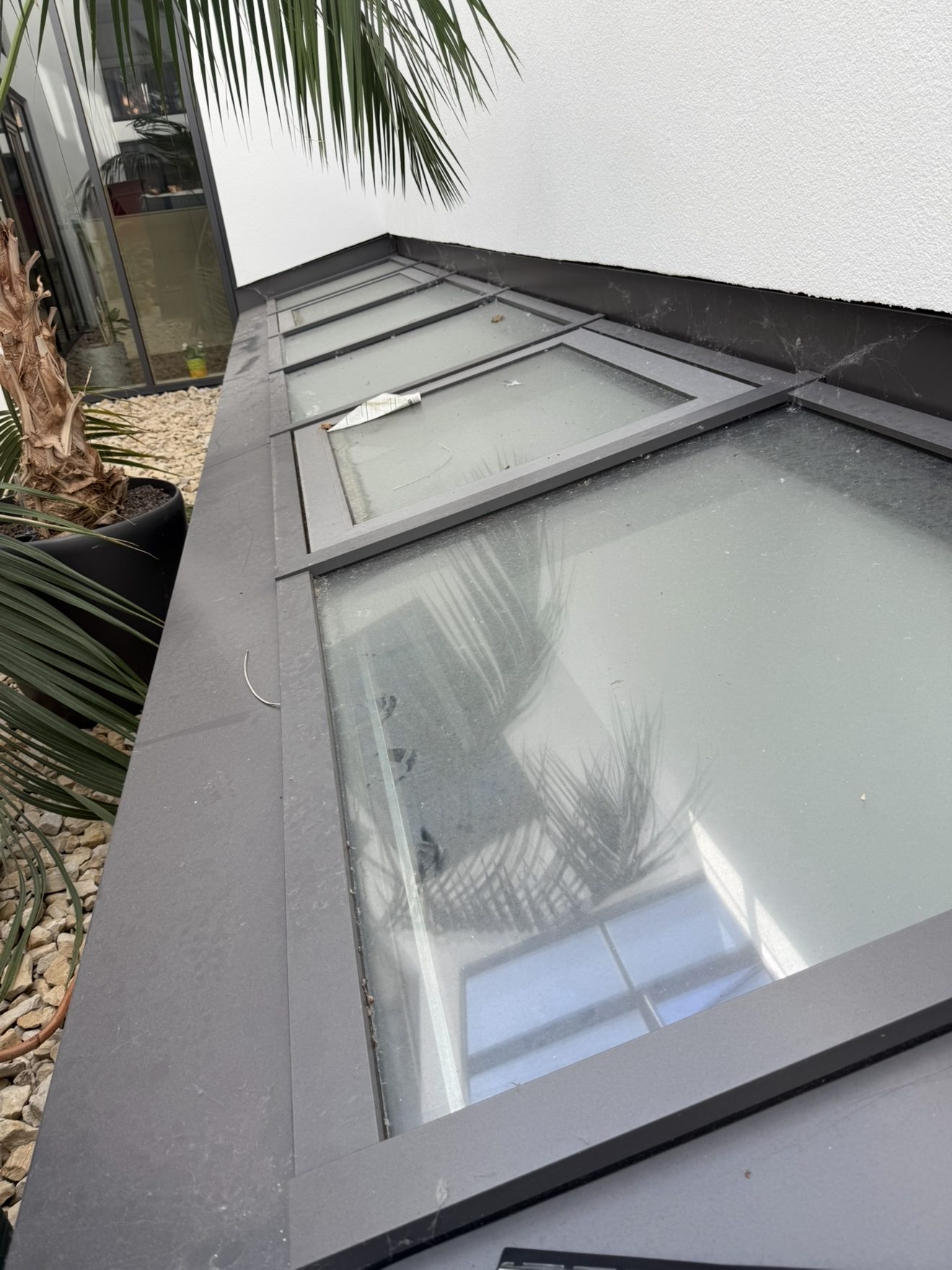 Glasdach mit Verschmutzungen vor der Reinigung