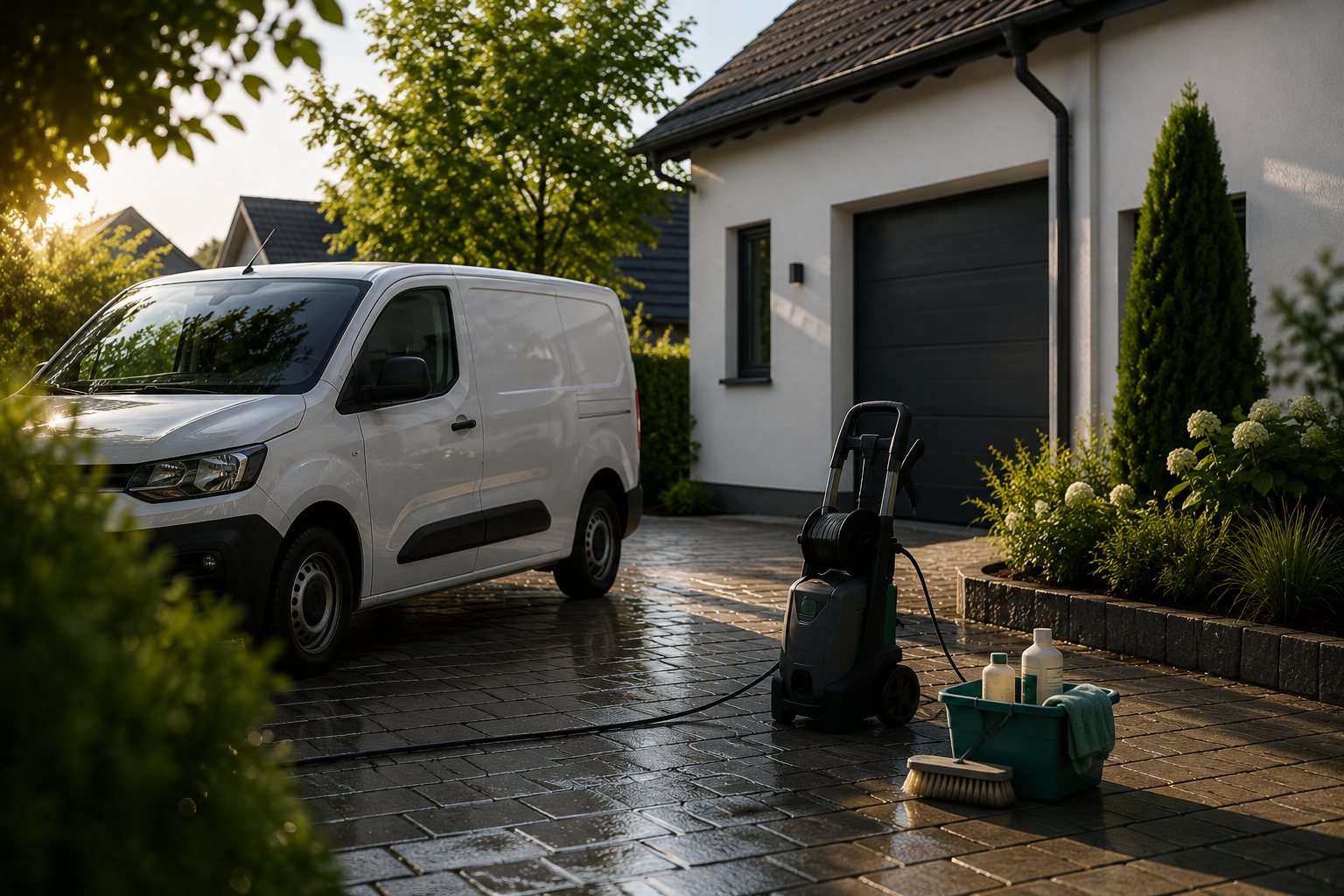 Transporter und Hochdruckreiniger im Einsatz vor einem Wohnhaus
