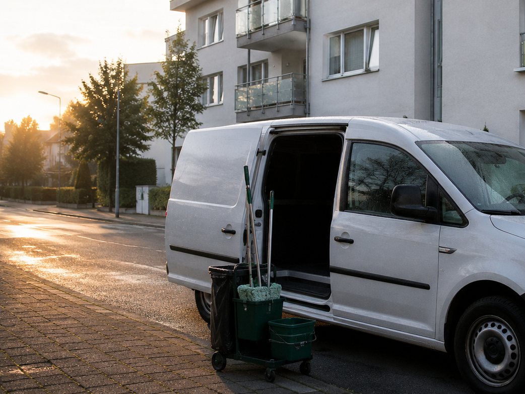 Transporter mit Reinigungswagen am frühen Morgen vor einem Mehrfamilienhaus